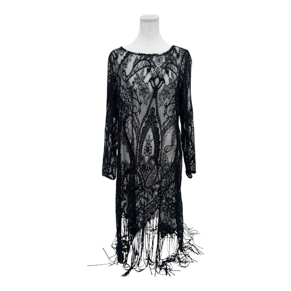 Witchy, Whimsigoth, Gothic Black Lace Fringe Cover-Up Tunic Layering Dress